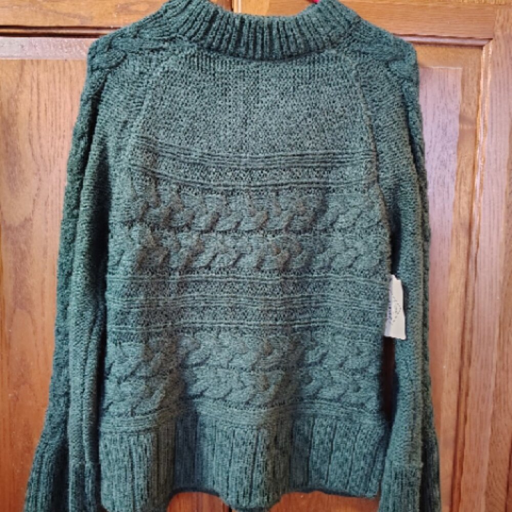 ST. JOHN’S BAY DARK GREEN CABLE-KNIT PULLOVER SWEATER MOCK NECK WOMEN’S M CHUNKY